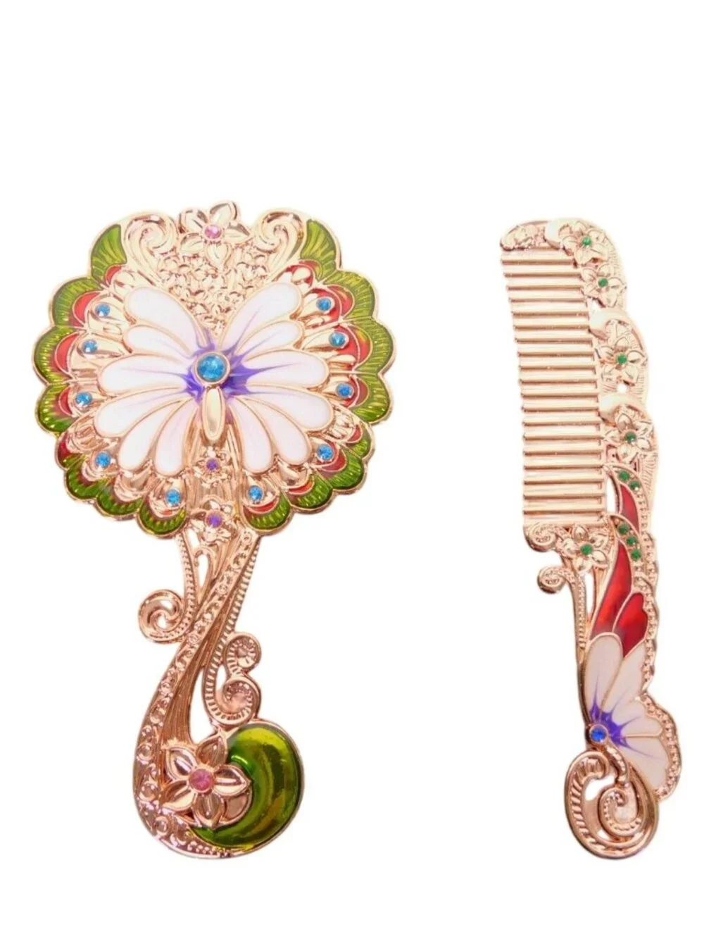 Butterfly-Inspired Mirror & Comb Set With Floral Details Lightweight Design Deco